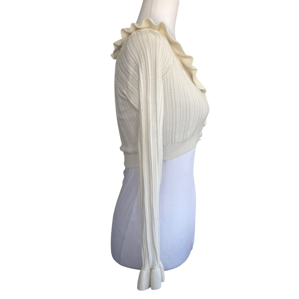 For Love & Lemons‎ Cream Pointelle Ruffle Cropped Cardigan Sweater XXS Ivory - Picture 4 of 12
